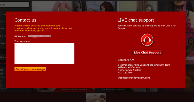 Multilingual Live Support chat plus Contact Us form at XLoveCam.com