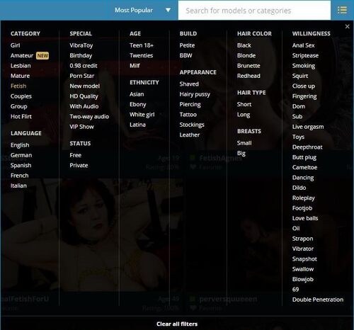 The MyCams.com search feature, for sorting through fetish webcam girls.