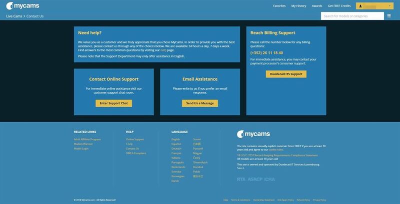 A screenshot of the MyCams support section.