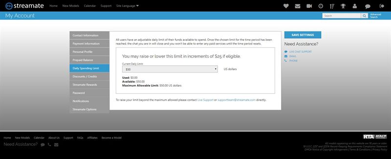 Streamate.com personal spending limit settings screenshot.