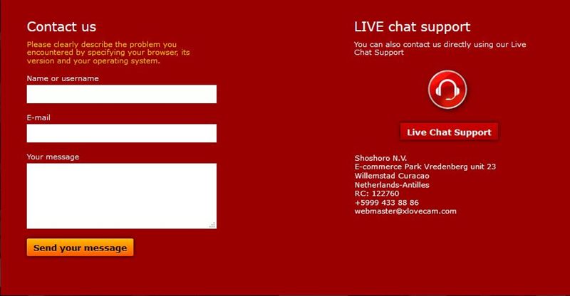 The contact and support page on XLoveCam.com
