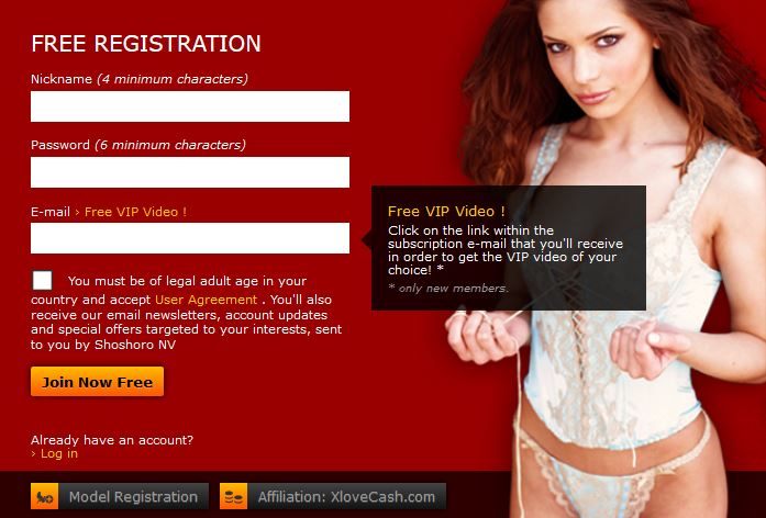 The registration page on XLoveCam.com